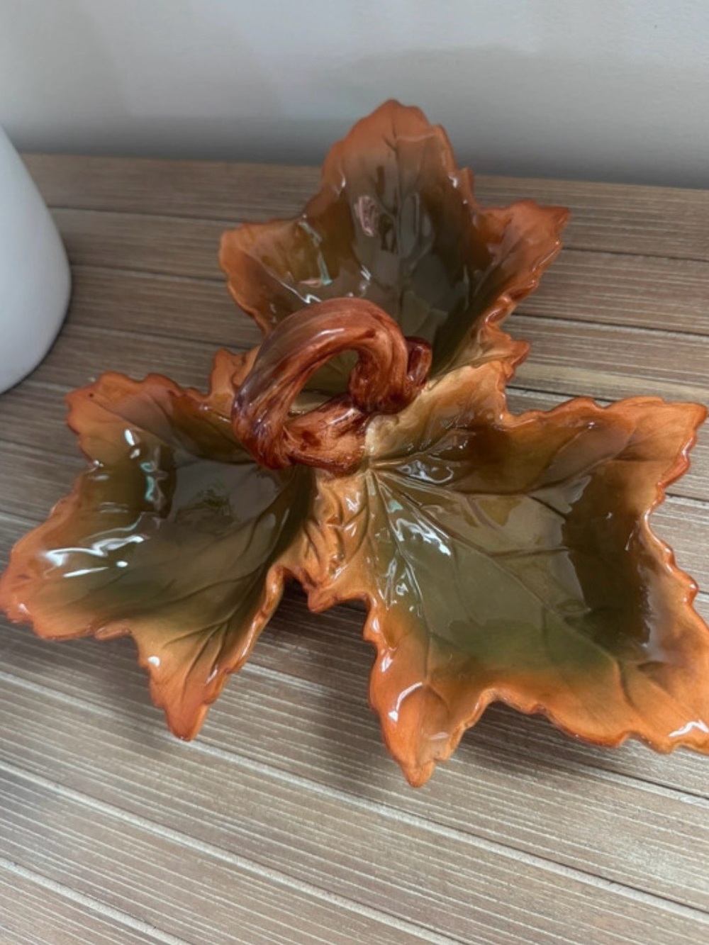 Russ Berrie Hand Painted Ceramic 3 Part Divided Fall Leaf Candy Relish Dish